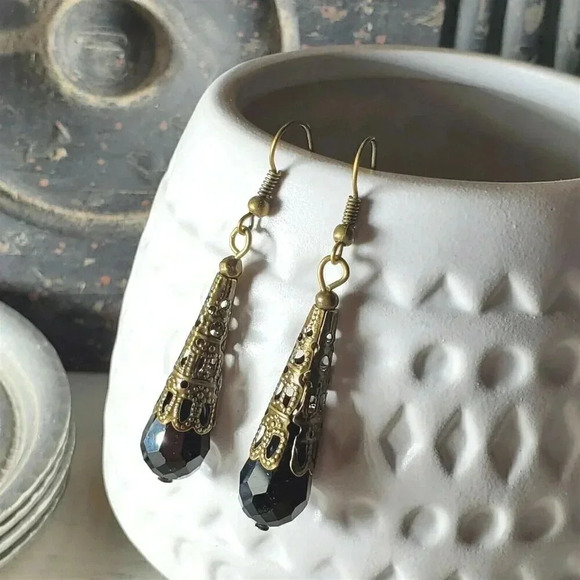 Bronze Faceted Crystal Jet Black Antiqued Filigree Teardrop Earrings - Picture 1 of 8